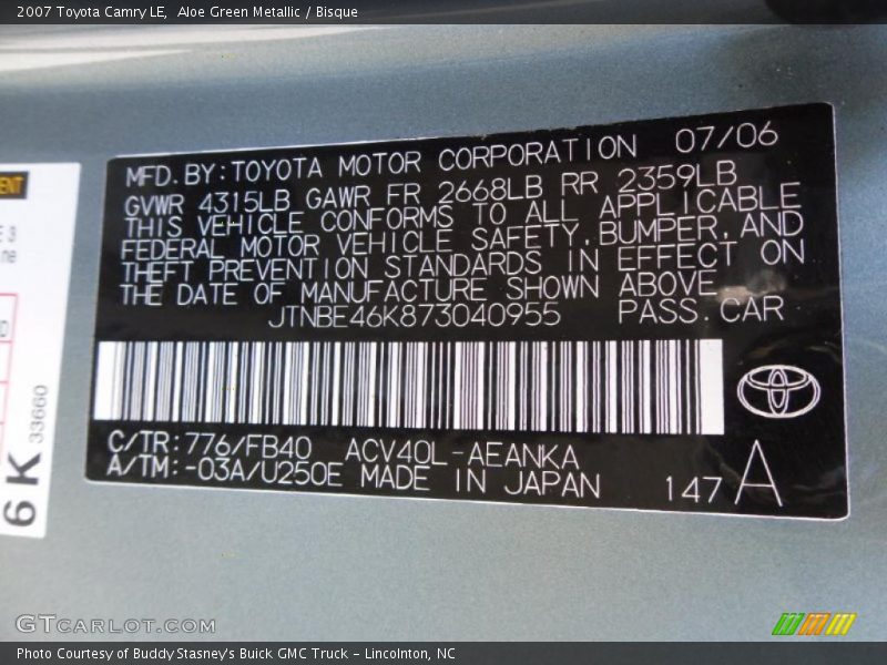 Aloe Green Metallic / Bisque 2007 Toyota Camry LE