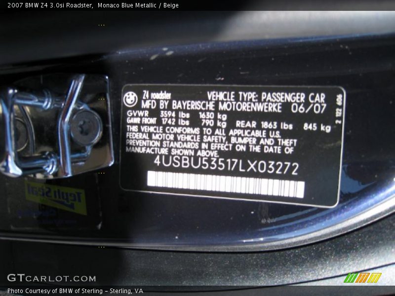 Monaco Blue Metallic / Beige 2007 BMW Z4 3.0si Roadster