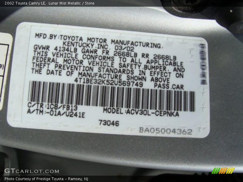 Lunar Mist Metallic / Stone 2002 Toyota Camry LE