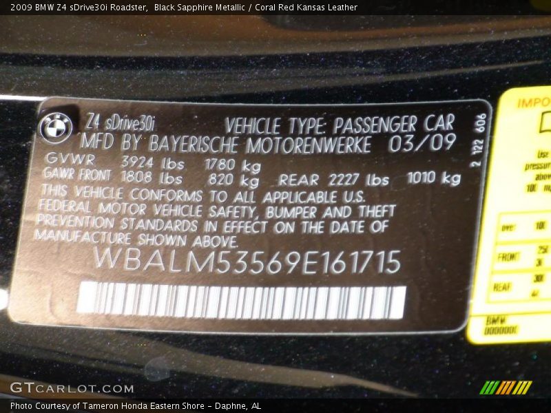 Black Sapphire Metallic / Coral Red Kansas Leather 2009 BMW Z4 sDrive30i Roadster