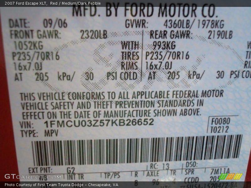 Red / Medium/Dark Pebble 2007 Ford Escape XLT