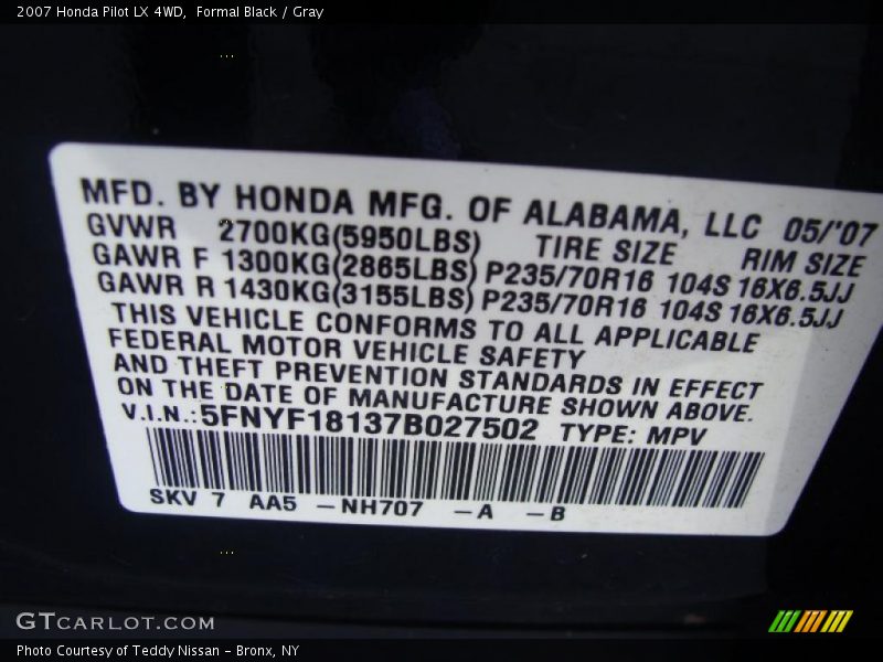 Formal Black / Gray 2007 Honda Pilot LX 4WD