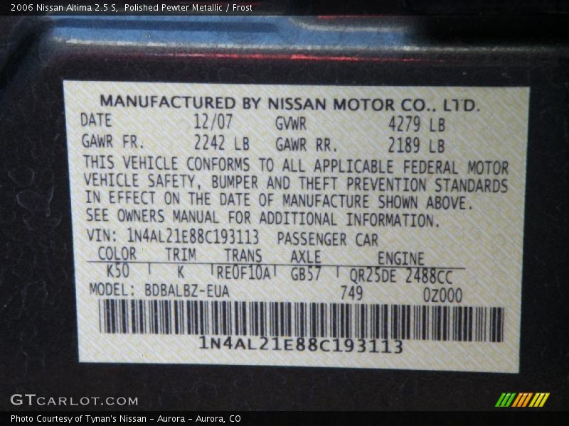 Polished Pewter Metallic / Frost 2006 Nissan Altima 2.5 S