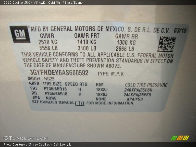 Gold Mist / Shale/Ebony 2010 Cadillac SRX 4 V6 AWD
