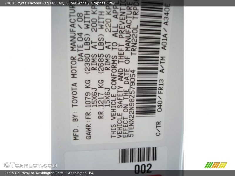 Super White / Graphite Gray 2008 Toyota Tacoma Regular Cab