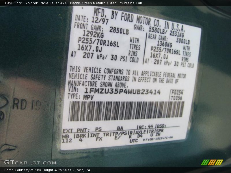 Pacific Green Metallic / Medium Prairie Tan 1998 Ford Explorer Eddie Bauer 4x4