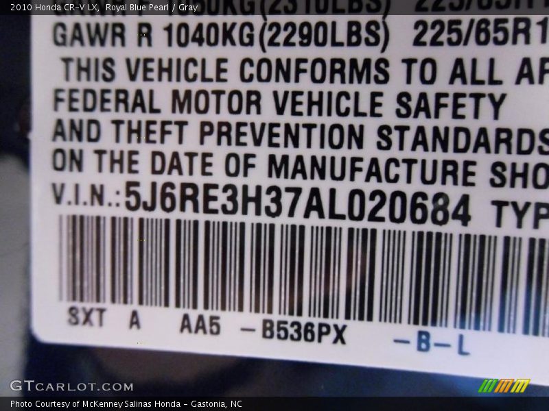 2010 CR-V LX Royal Blue Pearl Color Code B536PX