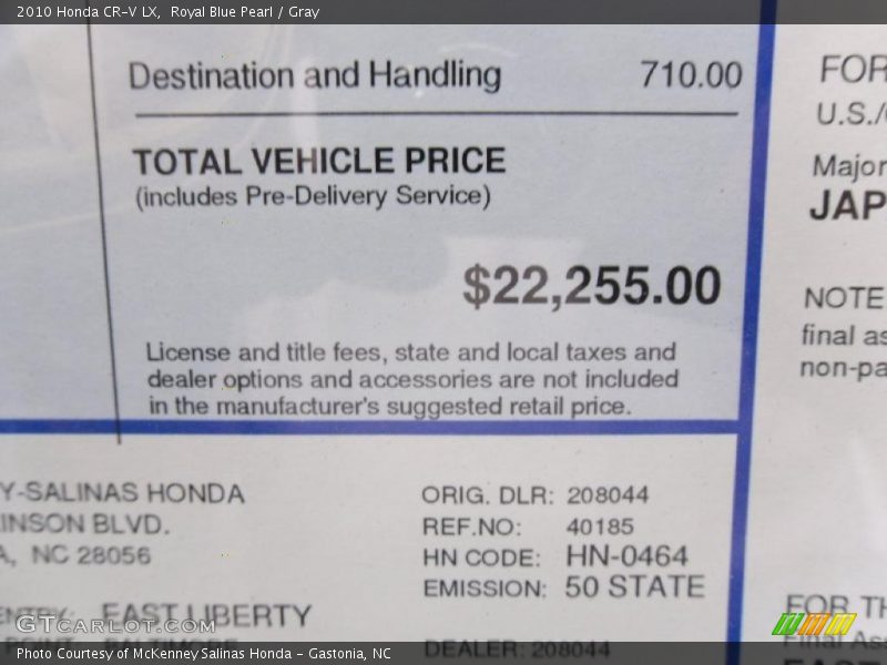 Royal Blue Pearl / Gray 2010 Honda CR-V LX
