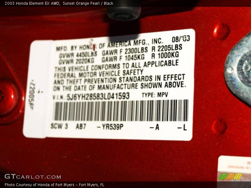 Sunset Orange Pearl / Black 2003 Honda Element EX AWD