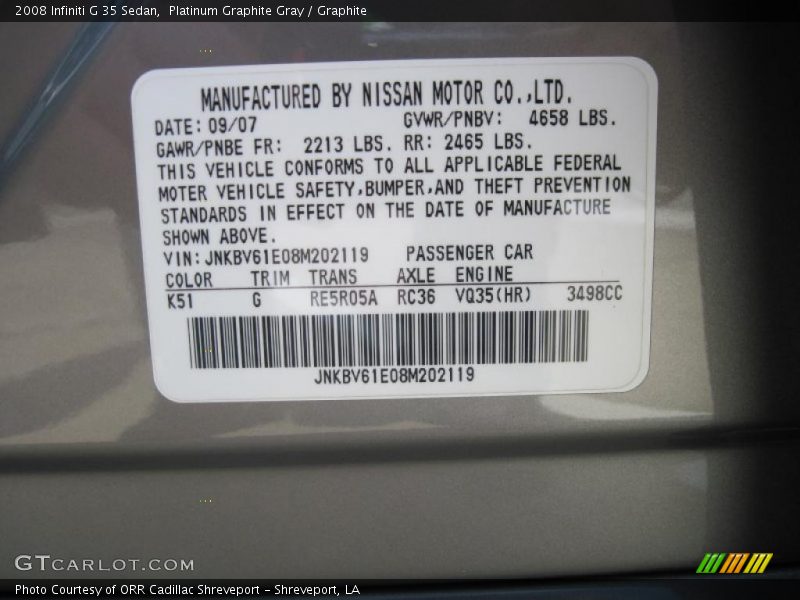 Platinum Graphite Gray / Graphite 2008 Infiniti G 35 Sedan
