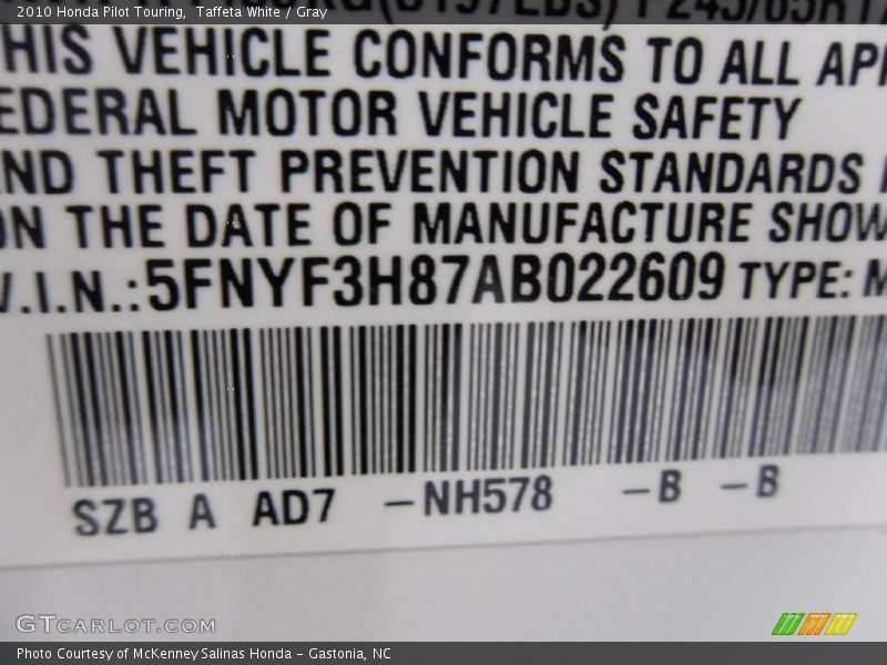 Taffeta White / Gray 2010 Honda Pilot Touring