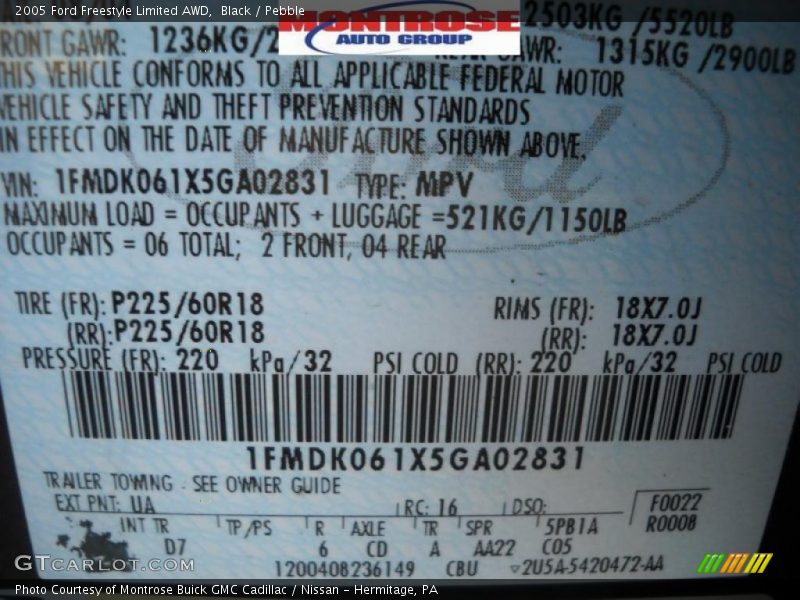 Black / Pebble 2005 Ford Freestyle Limited AWD