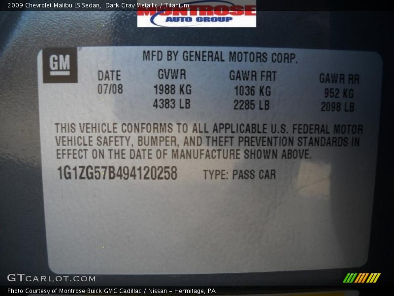 Dark Gray Metallic / Titanium 2009 Chevrolet Malibu LS Sedan