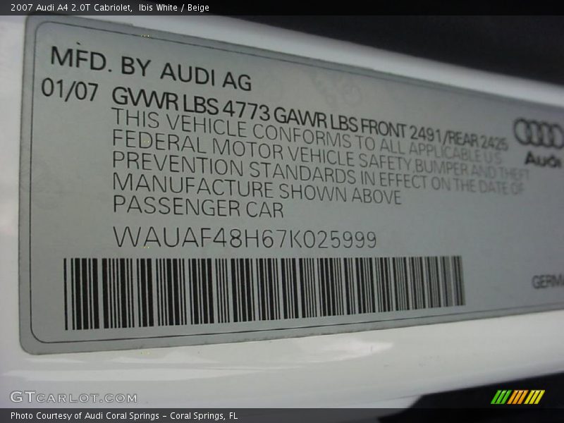 Ibis White / Beige 2007 Audi A4 2.0T Cabriolet