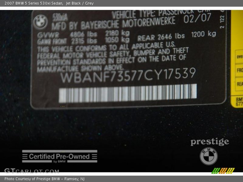 Jet Black / Grey 2007 BMW 5 Series 530xi Sedan