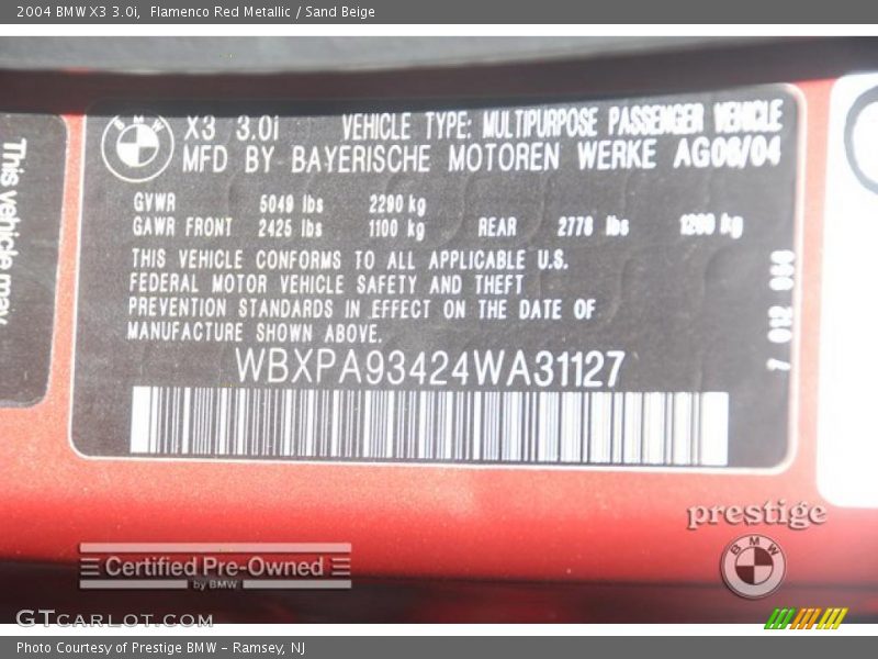 Flamenco Red Metallic / Sand Beige 2004 BMW X3 3.0i