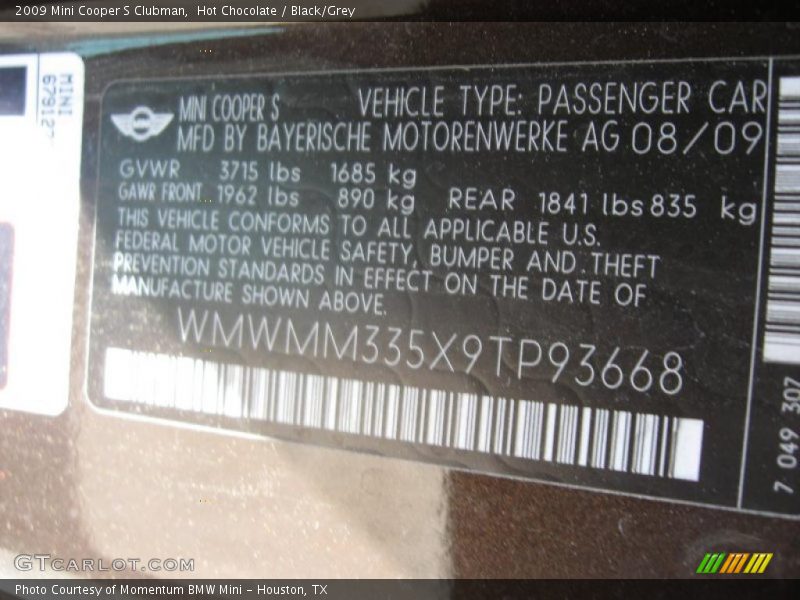 Hot Chocolate / Black/Grey 2009 Mini Cooper S Clubman