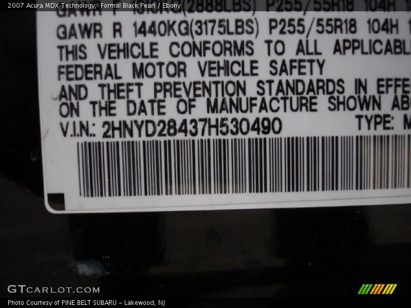 Formal Black Pearl / Ebony 2007 Acura MDX Technology