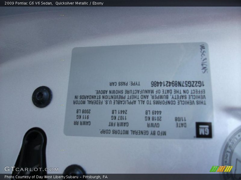 Quicksilver Metallic / Ebony 2009 Pontiac G6 V6 Sedan