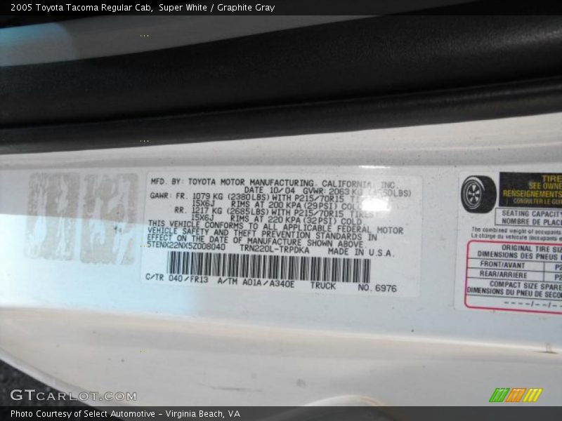 Super White / Graphite Gray 2005 Toyota Tacoma Regular Cab