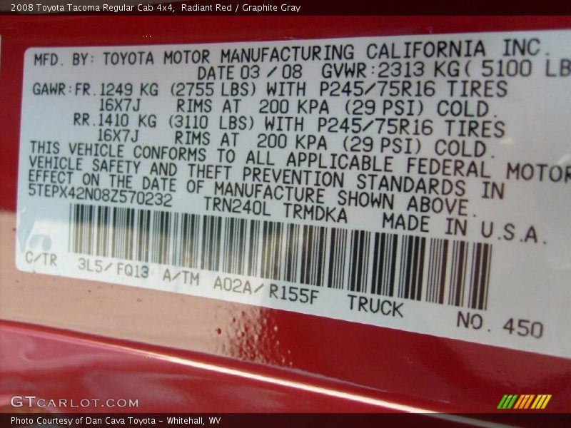Radiant Red / Graphite Gray 2008 Toyota Tacoma Regular Cab 4x4