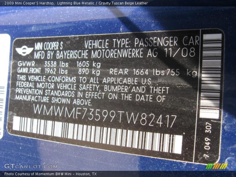 Lightning Blue Metallic / Gravity Tuscan Beige Leather 2009 Mini Cooper S Hardtop
