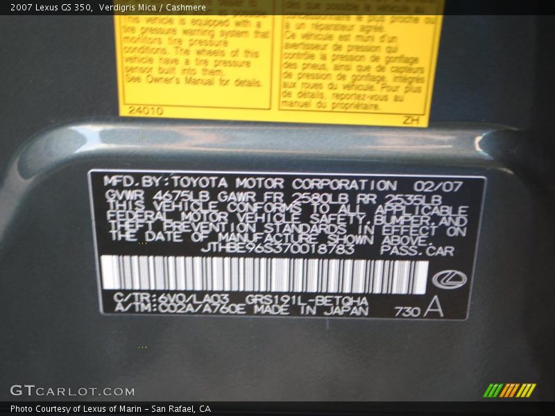 Verdigris Mica / Cashmere 2007 Lexus GS 350