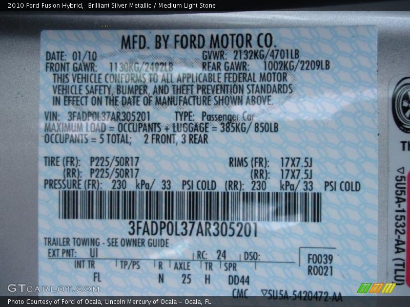 Brilliant Silver Metallic / Medium Light Stone 2010 Ford Fusion Hybrid
