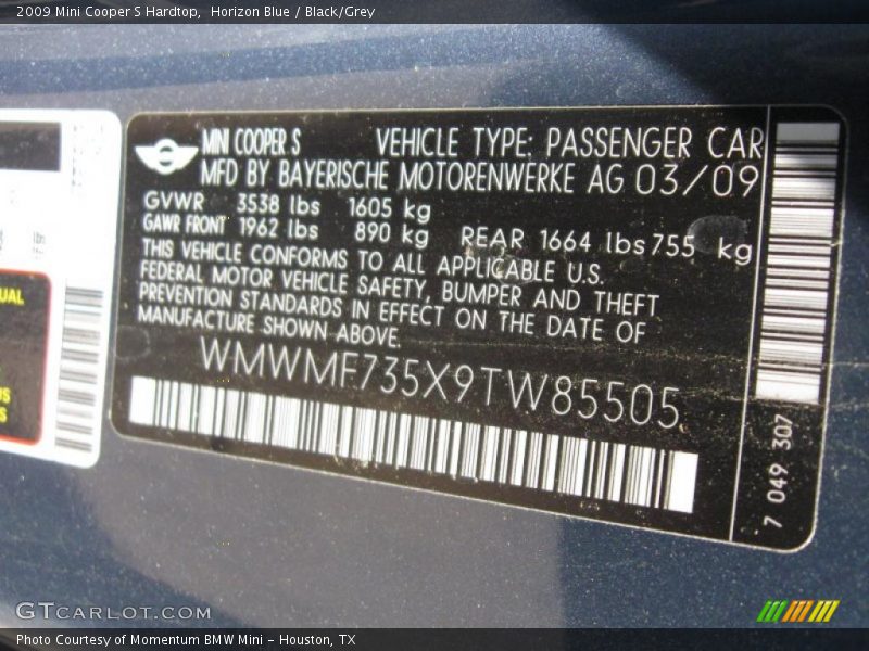 Horizon Blue / Black/Grey 2009 Mini Cooper S Hardtop