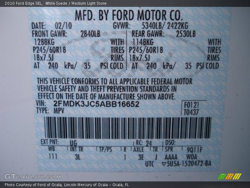 White Suede / Medium Light Stone 2010 Ford Edge SEL