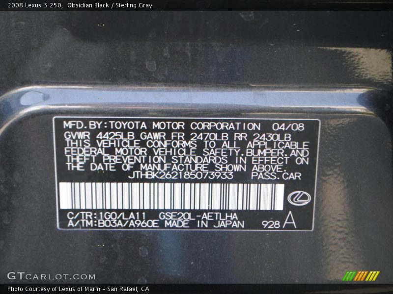 Obsidian Black / Sterling Gray 2008 Lexus IS 250