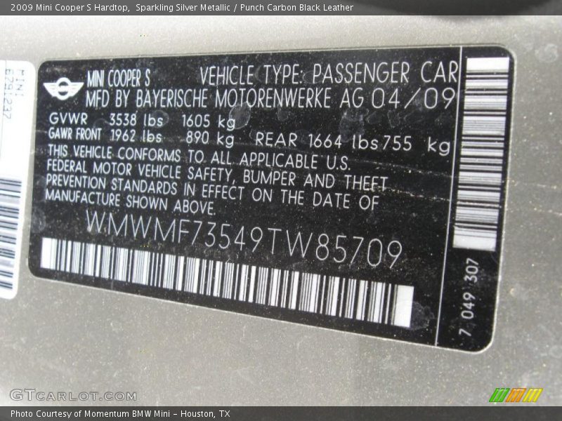 Sparkling Silver Metallic / Punch Carbon Black Leather 2009 Mini Cooper S Hardtop