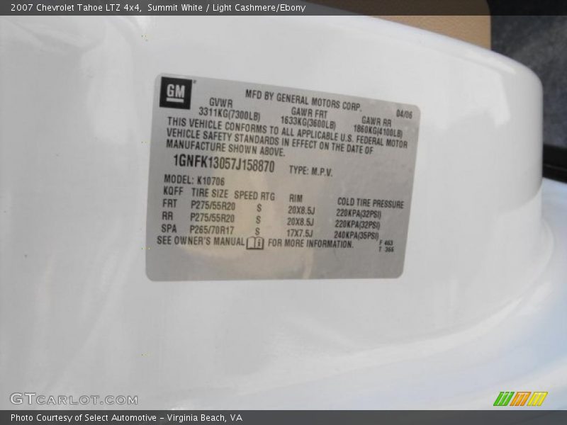 Summit White / Light Cashmere/Ebony 2007 Chevrolet Tahoe LTZ 4x4