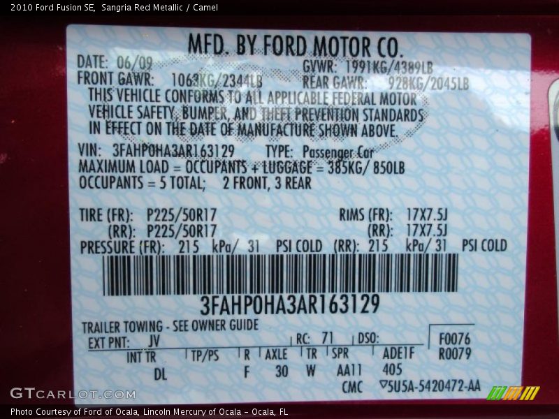 Sangria Red Metallic / Camel 2010 Ford Fusion SE