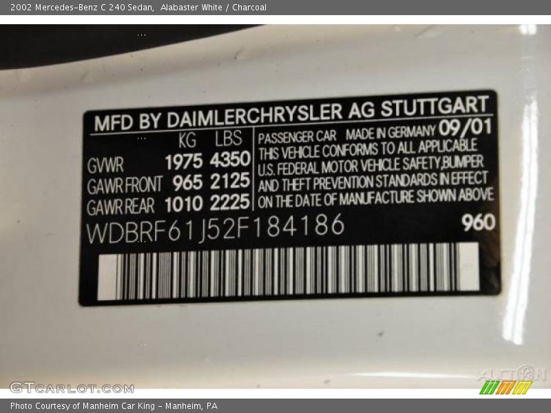 Alabaster White / Charcoal 2002 Mercedes-Benz C 240 Sedan