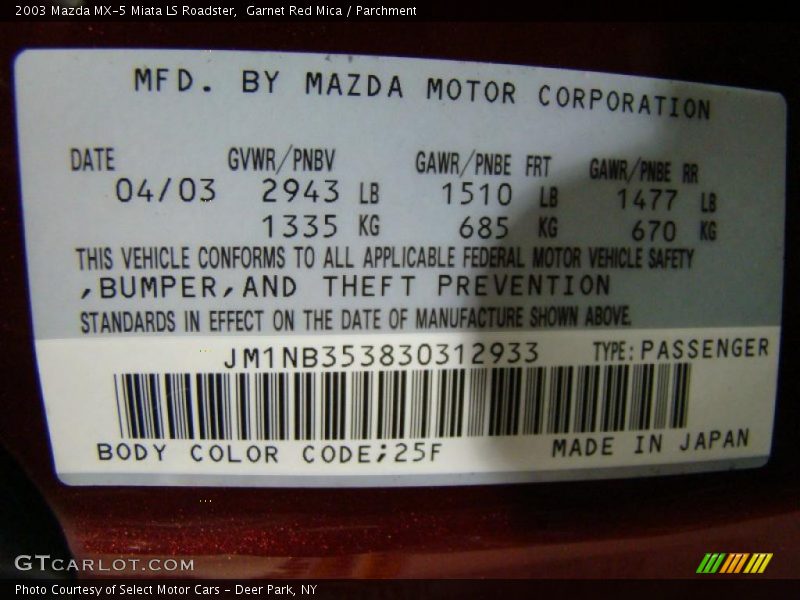 2003 MX-5 Miata LS Roadster Garnet Red Mica Color Code 25F