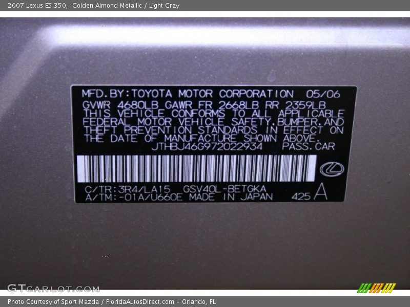 Golden Almond Metallic / Light Gray 2007 Lexus ES 350