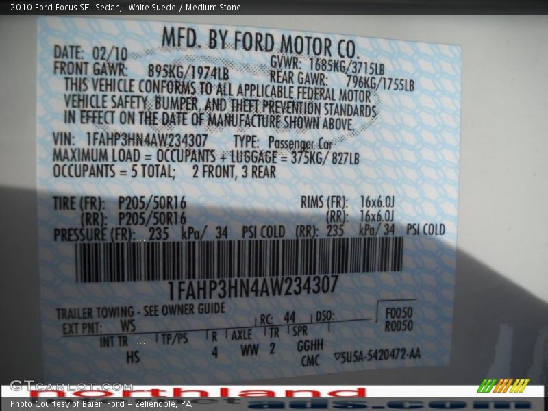 White Suede / Medium Stone 2010 Ford Focus SEL Sedan