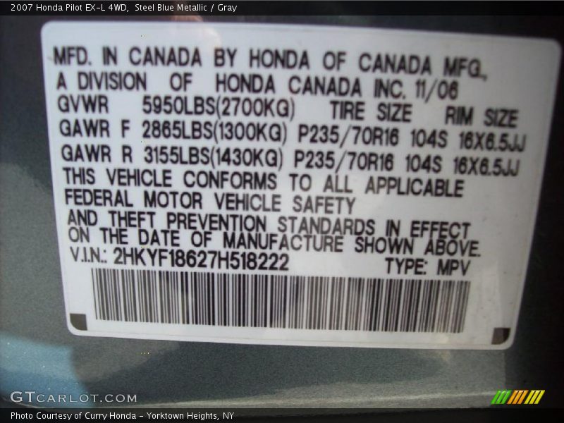 Steel Blue Metallic / Gray 2007 Honda Pilot EX-L 4WD