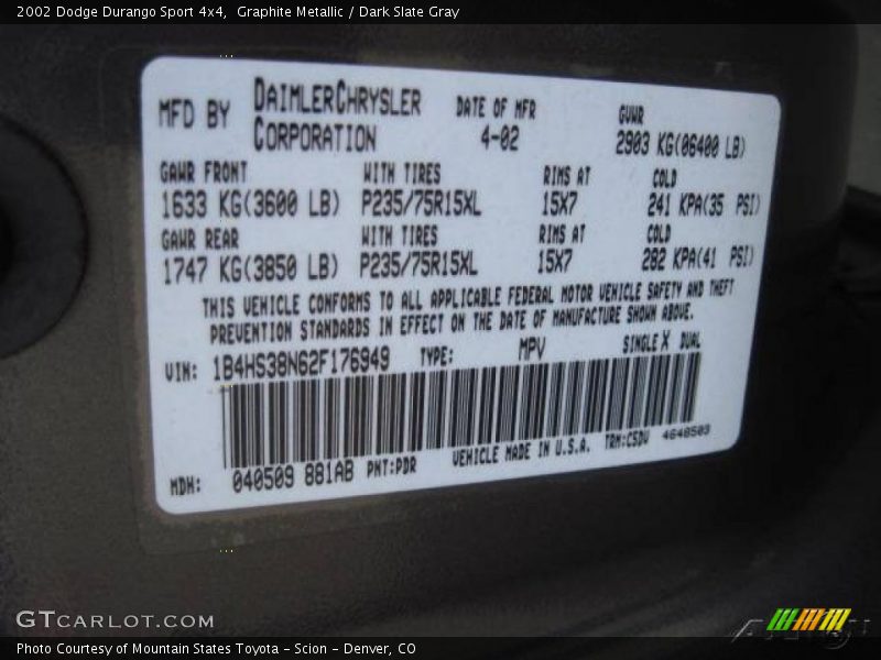 Graphite Metallic / Dark Slate Gray 2002 Dodge Durango Sport 4x4