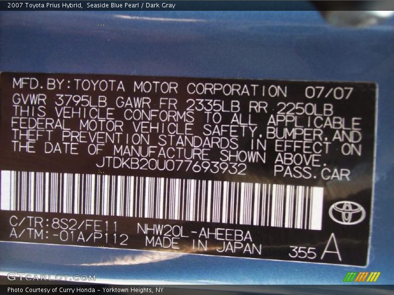 Seaside Blue Pearl / Dark Gray 2007 Toyota Prius Hybrid
