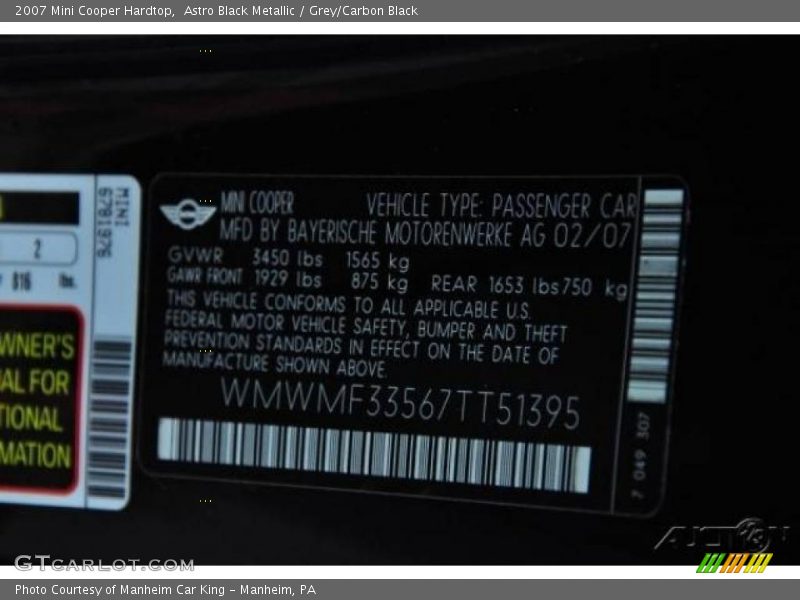 Astro Black Metallic / Grey/Carbon Black 2007 Mini Cooper Hardtop