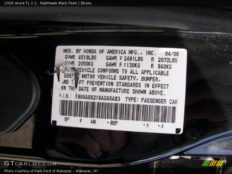 Nighthawk Black Pearl / Ebony 2006 Acura TL 3.2
