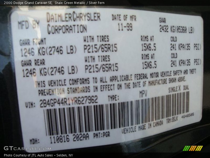 Shale Green Metallic / Silver Fern 2000 Dodge Grand Caravan SE