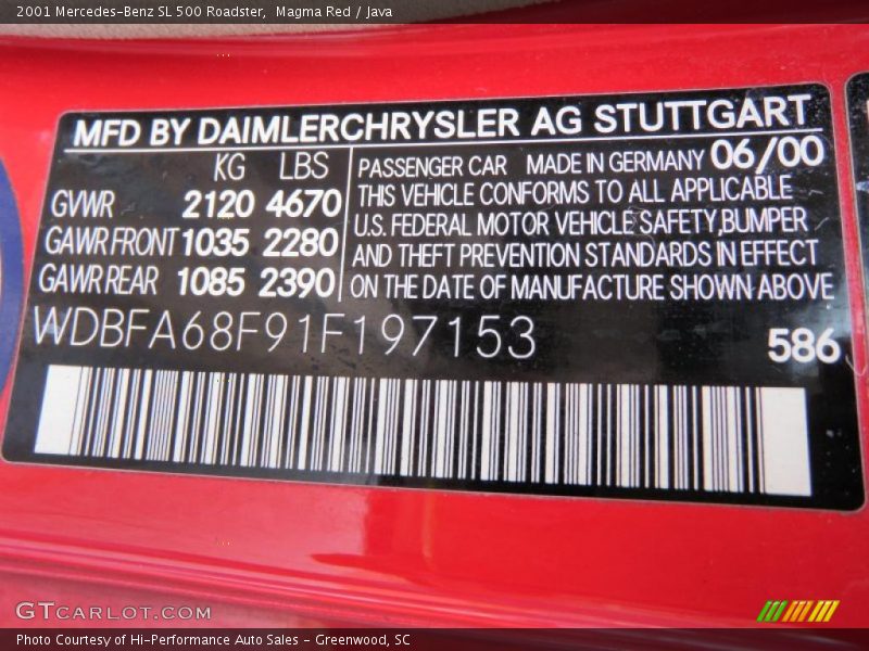 Magma Red / Java 2001 Mercedes-Benz SL 500 Roadster