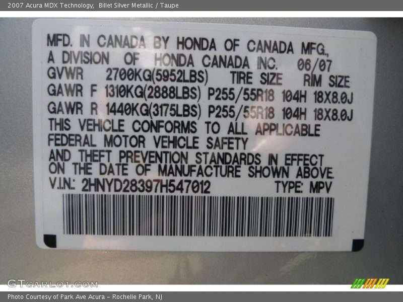 Billet Silver Metallic / Taupe 2007 Acura MDX Technology