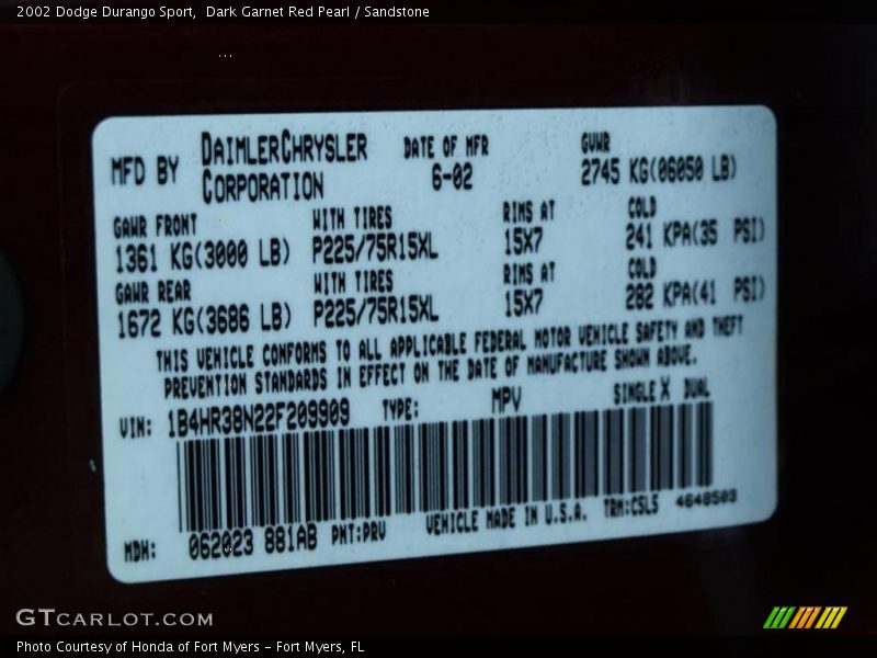 Dark Garnet Red Pearl / Sandstone 2002 Dodge Durango Sport