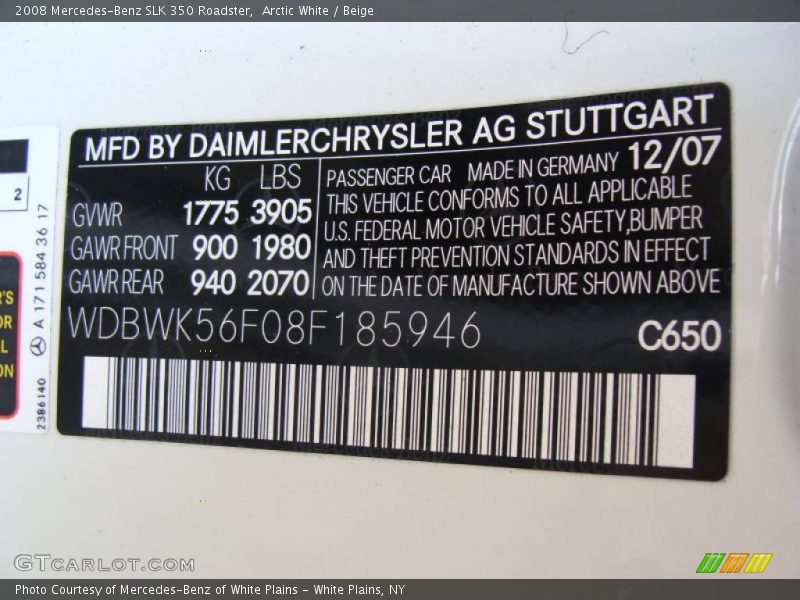 Arctic White / Beige 2008 Mercedes-Benz SLK 350 Roadster