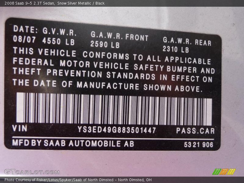 Snow Silver Metallic / Black 2008 Saab 9-5 2.3T Sedan