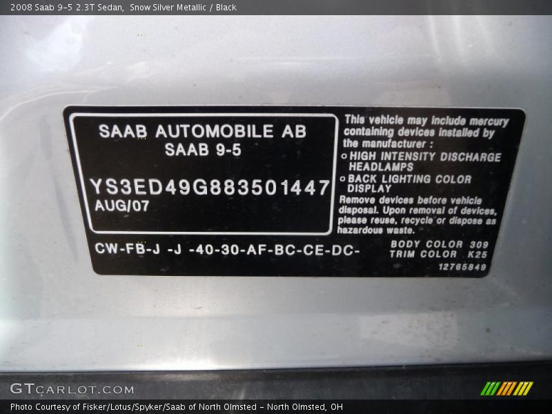 Snow Silver Metallic / Black 2008 Saab 9-5 2.3T Sedan